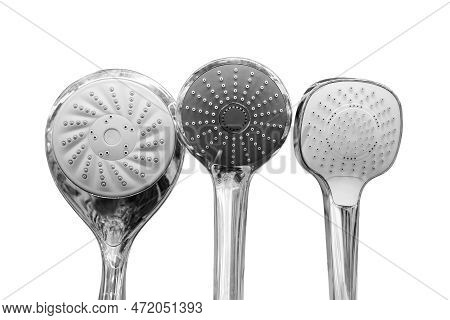 Sale Of Shower Heads In A Store, Close-up, Isolated On A White Background