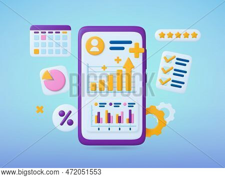 Phone 3d Data Analytics. Statistical Graphs On Smartphone Screen, Classification. Business Growth, D
