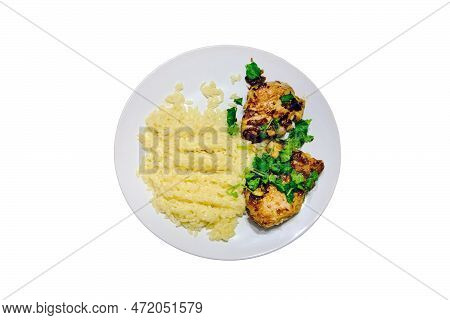 Pasta Orzo In The Form Of Rice With Meat, Isolated On A White Background. Fried Chicken With Macaron