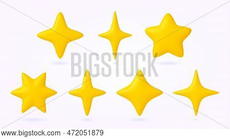 Yellow Stars 3d Icons, Business Star Achiever Symbol. Mobile Service Review Feedback Elements. Rende
