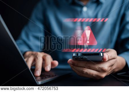 System Warning Caution Sign For Notification Error And Maintenance Concept. Cyber Attack On Computer