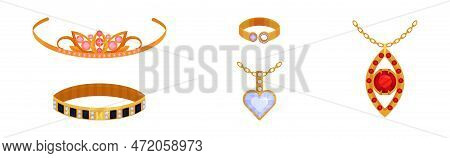 Jewellery Or Jewelry Item As Personal Adornment With Bracelet And Pendant Ornament Vector Set