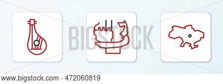 Set Line Map Of Ukraine, Bandura And Monument To Founders Kiev Icon. Vector