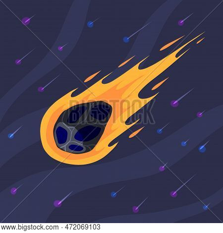 Flying Asteroid, Burning Comet On Background Of Night Sky. Astronomical Object With Tail Vector Desi