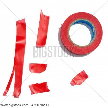 Various Pieces Of Red Duct Tape And A Roll Of Duct Tape On A White Isolated Background, A Repair Ite