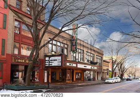 Ithaca, New York - 26 Feb 2023: The State Theater In Downtown Ithaca Near The Commons.