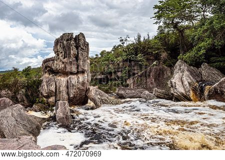 View Of The River Mucugezinho With Running Water, Forming A Waterfall And Poco Do Pato, In Chapada D
