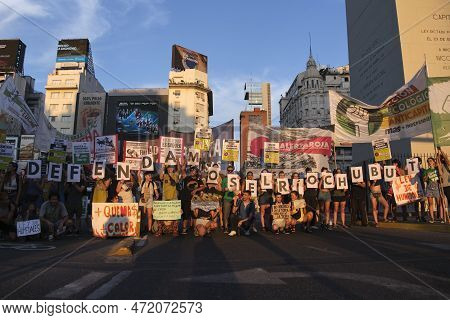 Buenos Aires, Argentina; March 3, 2023: Global Climate Strike. Activists Protesting, Signs With The 
