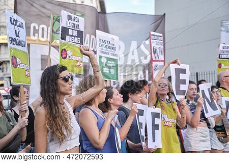 Buenos Aires, Argentina; March 3, 2023: Global Climate Strike. People Protesting, Holding Environmen