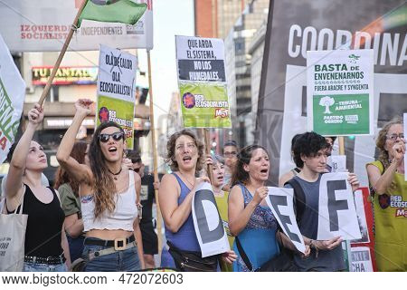 Buenos Aires, Argentina; March 3, 2023: Global Climate Strike. People Protesting, Holding Environmen