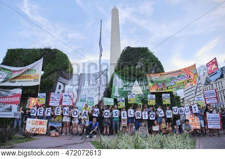 Buenos Aires, Argentina; March 3, 2023: Global Climate Strike. Activists Protesting, Signs With The 