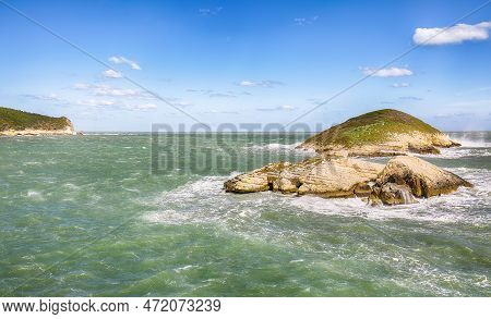 Above The Cliffs At The Coastline Of Vieste. Summer Rocky Sea Coast Baia Di Campi Vieste On The Garg