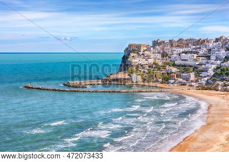 Amazing Peschici With Wide Sandy Beach In Puglia, Adriatic Coast Of Italy. Location: Peschici, Garga