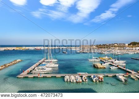 Breathtaking View On Harbour Of Otranto In Italy With Lots Of Boats And Yachts. Italian Vacation. To