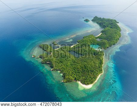 Aerial View Of Tropical Island In The Blue Sea With Sandy Beach. Danjugan Islands, Philippines.