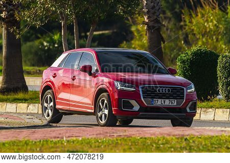 Side, Turkey -january 31, 2023:    Red     Audi Q2    Driving In The City