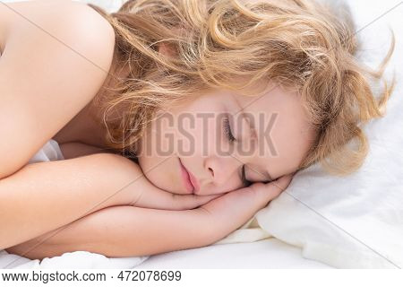 Kid Sleeps Face Close Up. Child Sleeping On Bed. Bedtime, Kids Sleeps. Kid Asleep On Pillow, Having 