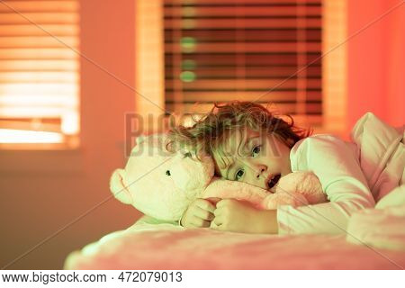 Child Enjoys Night Sllep. Kid Asleep. Nightmare For Children. Sleepy Child In Bed. Little Child In B