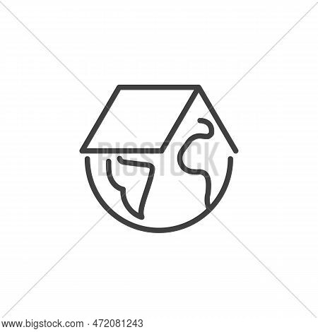 Home Planet Line Icon. Linear Style Sign For Mobile Concept And Web Design. Earth Globe With Roof Ou