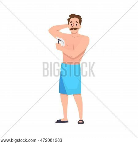 Mustachioed Man In Blue Towel Shaves Armpits Flat Style