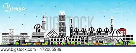 Bursa Turkey City Skyline With Color Buildings And Blue Sky. Vector Illustration. Business Travel An