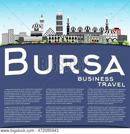 Bursa Turkey City Skyline With Color Buildings, Blue Sky And Copy Space. Vector Illustration. Busine
