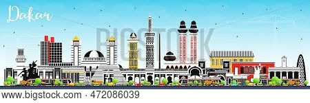 Dakar Senegal City Skyline With Color Buildings And Blue Sky. Vector Illustration. Business Travel A