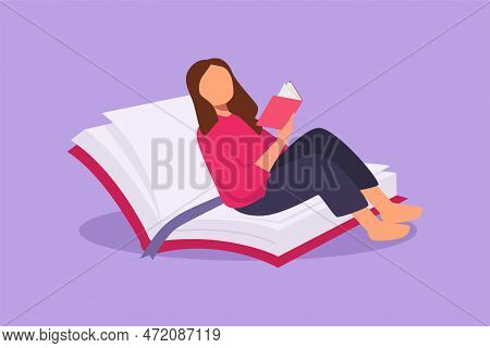 Character Flat Drawing Young Female Reading, Learning And Sitting On Open Big Book. Smart Student St