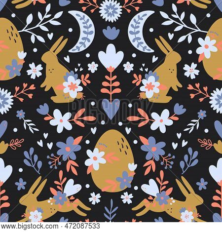 Seamless Boho Pattern With Bunnies And Eggs