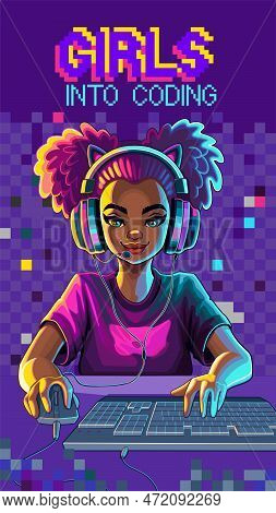 African Girl Gamer Or Streamer With Cat Ears Headset Sits In Front Of A Computer