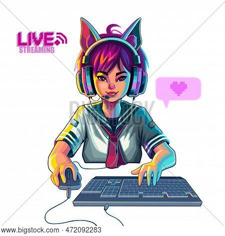 Asian Girl Gamer Or Streamer With Cat Ears Headset Sits In Front Of A Computer