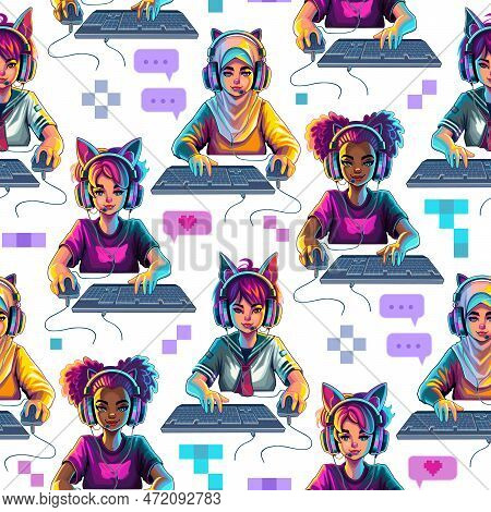 Abstract Seamless Pattern Of Diverse Girls Gamers Or Streamers Sits In Front Of A Computers