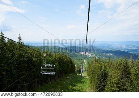 Ski Lift In Mountains. Karpacz Resort In Poland With Lift Road. Mountain Hiking And Active Vacation