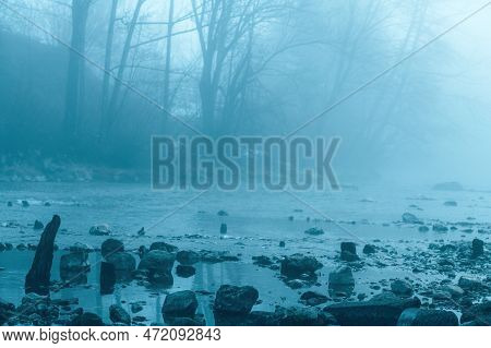 Slovenian Jezernica River In Foggy Morning. This Body Of Water Is One Of The Shortest Rivers In The 