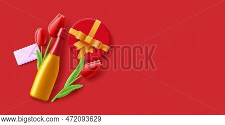 3d Greeting Composition With Tulip Flowers, Gift Box And Wine Bottle In Red Bright Pasion Colours Wi