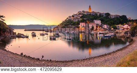 Vrbnik, Croatia. Cityscape Image Of Iconic Village Of Vrbnik, Croatia Located On Krk Island At Summe