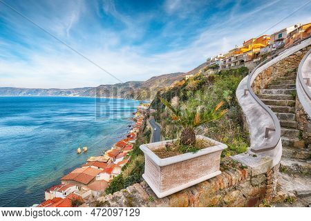 Awesome Seaside And Town Scilla With Old Medieval Castle On Rock Castello Ruffo, Colorful Traditiona