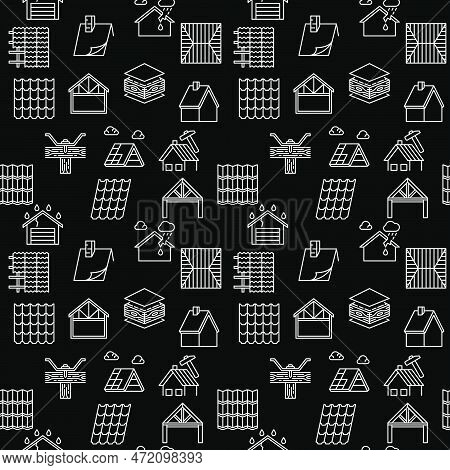 Roof Repair Linear Dark Seamless Pattern. Roofing Vector Concept Background