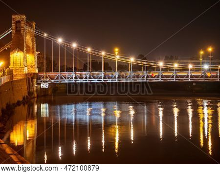 Wroclaw City Night View On Bridge Through The Oder River. Old Medieval Polish City, Wroclaw Or Bresl