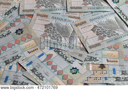 Stacks Of Lebanese Pounds, 100,000 Denomination, Symbolizing The Downfall Of The Lebanese Currency.