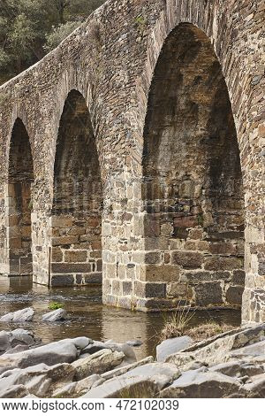 Antique Stone Bridge In Alagon River. Sotoserrano, Salamanca. Spain