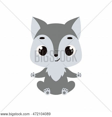Cute Little Sitting Wolf. Cartoon Animal Character For Kids Cards, Baby Shower, Invitation, Poster, 
