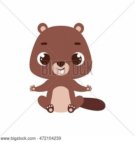 Cute Little Sitting Beaver. Cartoon Animal Character For Kids Cards, Baby Shower, Invitation, Poster