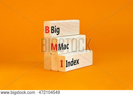 Bmi Big Mac Index Symbol. Concept Words Bmi Big Mac Index On Wooden Blocks On A Beautiful Orange Tab