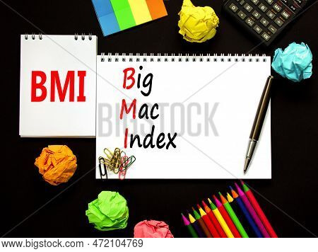 Bmi Big Mac Index Symbol. Concept Words Bmi Big Mac Index On White Note On A Beautiful Black Backgro
