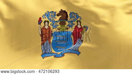 Close-up Of The New Jersey State Flag. Coat Of Arms On Buff Background. Us State. Rippled Fabric. Te
