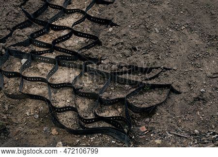 Polymer Geogrid For Filled With Soil.  Stability Of Steep Hill