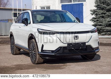 Lviv Ukraine - 03 04 2023: Electric New White Car Honda E-hc1, Sale Of Eco Electric Vehicles, Select