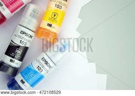 Four Bottles Of Ink Epson, Yellow, Red, Blue, Black, Built-in To The Epson L3150 Series Printer.