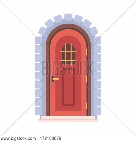 Entryway In A Castle Or Historical Building. Isolated Castle Doors With Handle And Window. Brick Wal